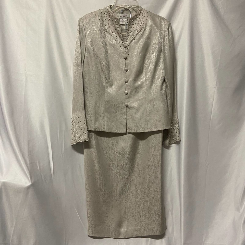 Adrianna Papell Silk 2 Piece Dress Jacket &  Skirt  Pearls Size 10 Worn Once